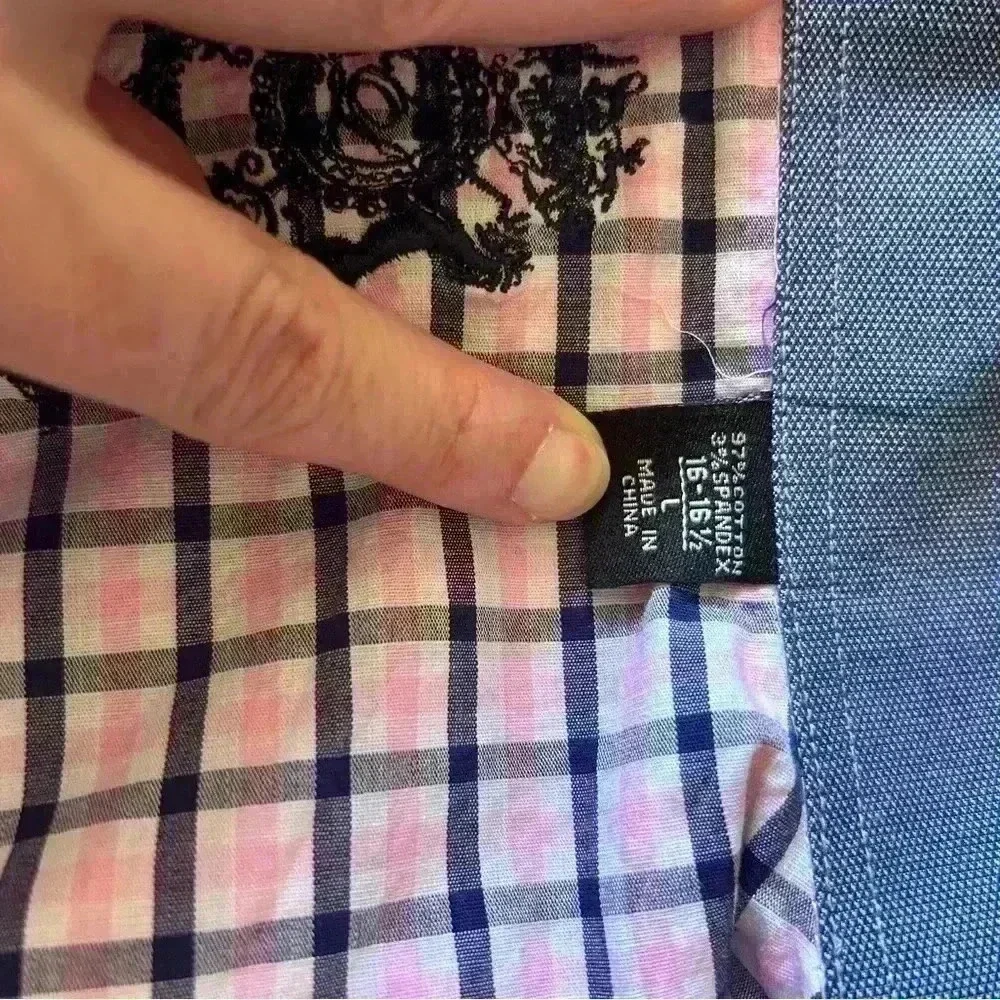 English Laundry Men’s Dress Shirt. Size 16-16.5, Large. Navy/Pink. Preowned.